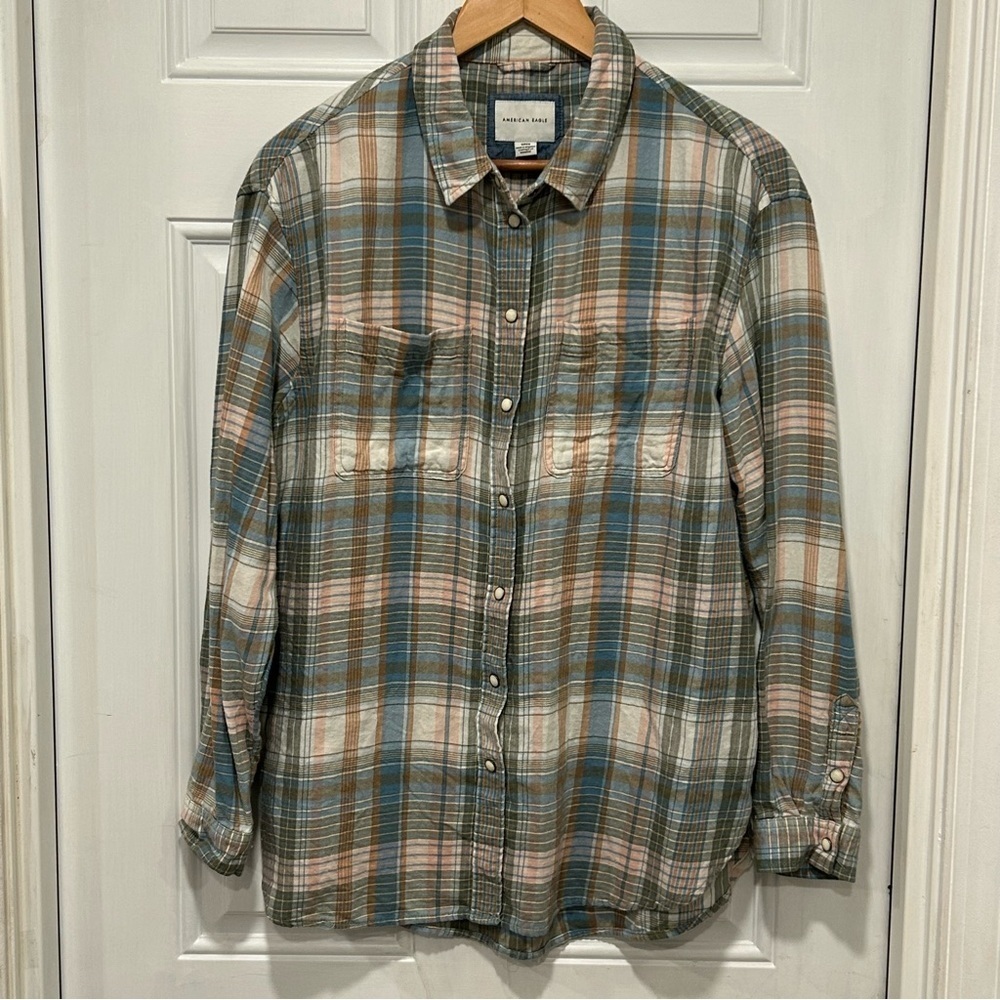 American Eagle Men’s pearl snap Plaid Flannel Long Sleeve Shirt Size Small - Picture 1 of 12